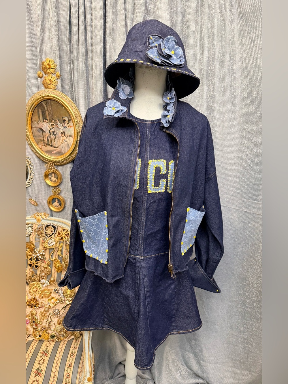 Denim Floral  Jacket with Dress and Hat Size L
